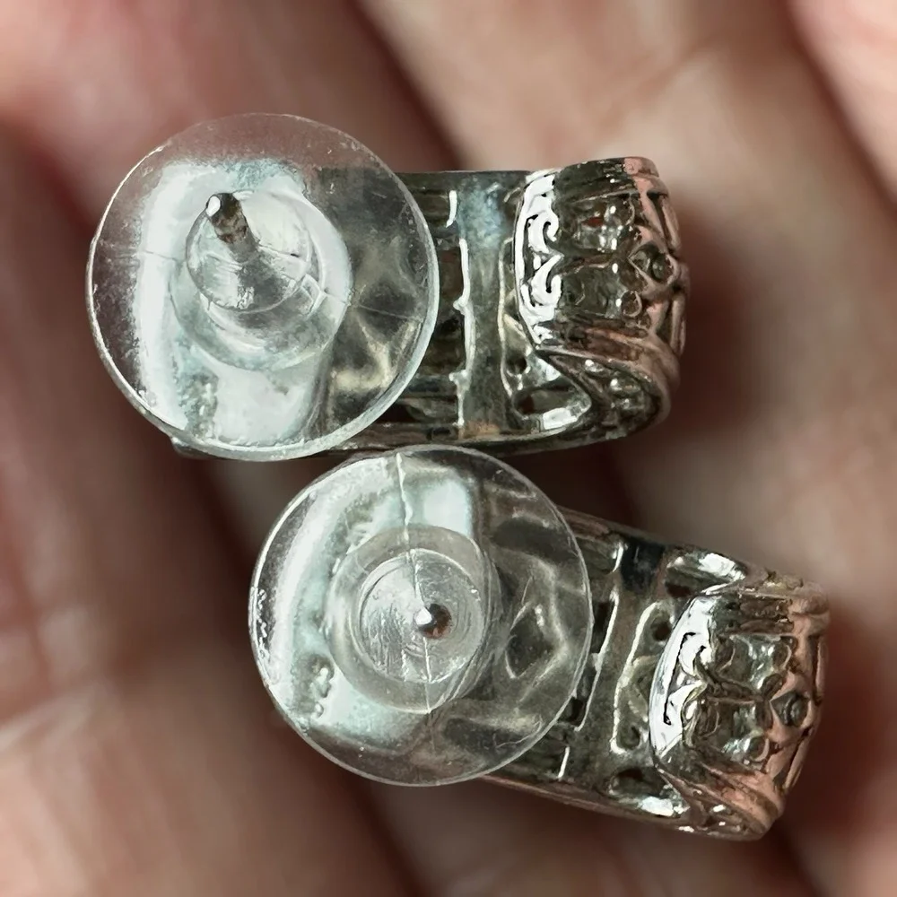 VTG Half Hoop Post Earrings 0.75 Inch Clear Rhinestones Ornate 925 Sterling 5.3g